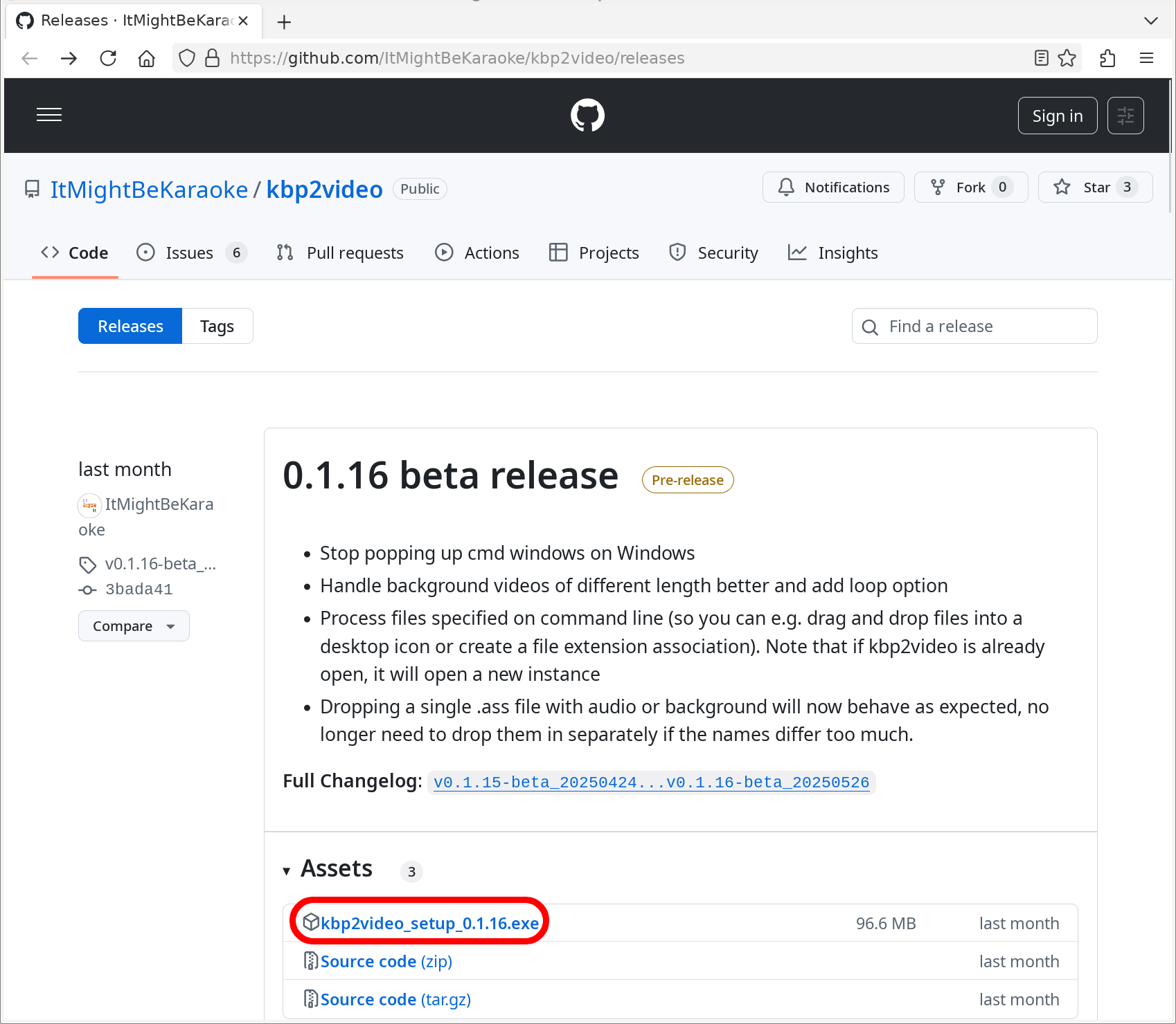 GitHub Releases page screenshot with "Assets" expanded, revealing the setup executable link.