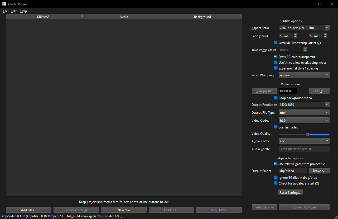 Main window of kbp2video with system in dark mode