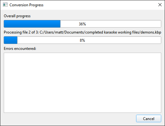 Progress window, showing file 2 of 3 being processed