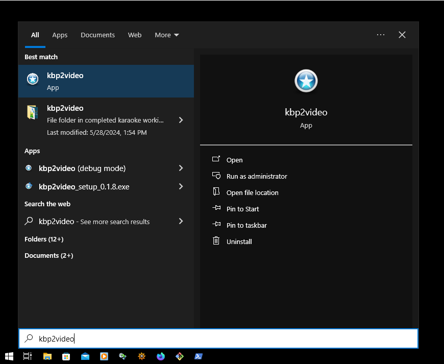 Start menu with search entered for kbp2video, showing kbp2video shortcut selected, with kbp2video (debug mode) also visible as an option