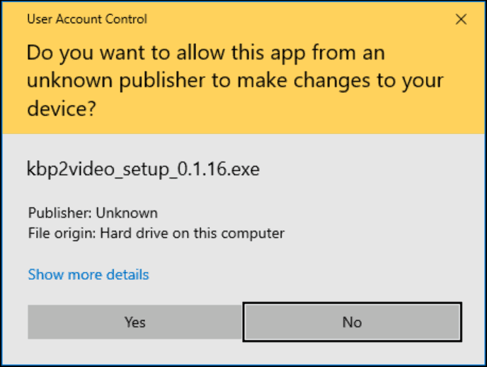 Prompt showing unknown publisher for the installer