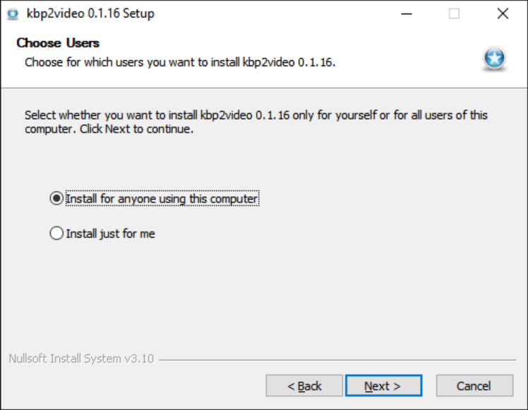 Install wizard, showing option to install for anyone or "just for me", defaulting to the latter