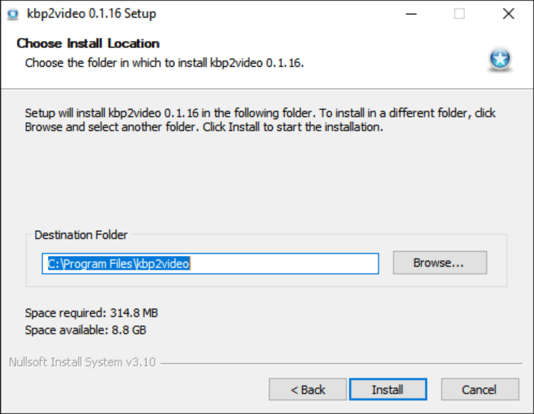 Install wizard, prompting for install location, defaulting to Program Files